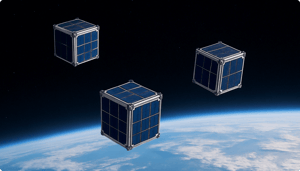 Three cube-shaped satellites with solar panels float above Earth against a starry space backdrop, conveying innovation and exploration.