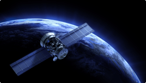 A metallic satellite with large solar panels orbits the Earth against a dark space backdrop.